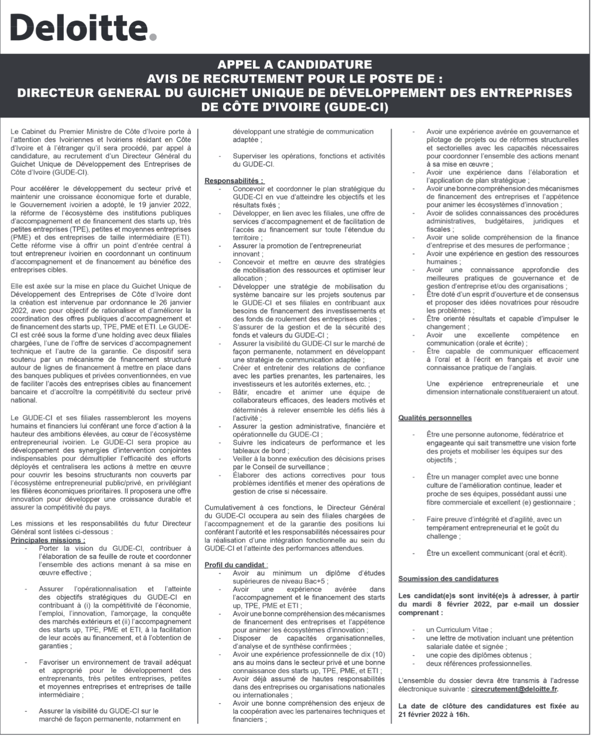 Recrutement de 01 Directeur Général du Guichet Unique  de Développement des Entreprises de Côte d'Ivoire (GUDE-CI)